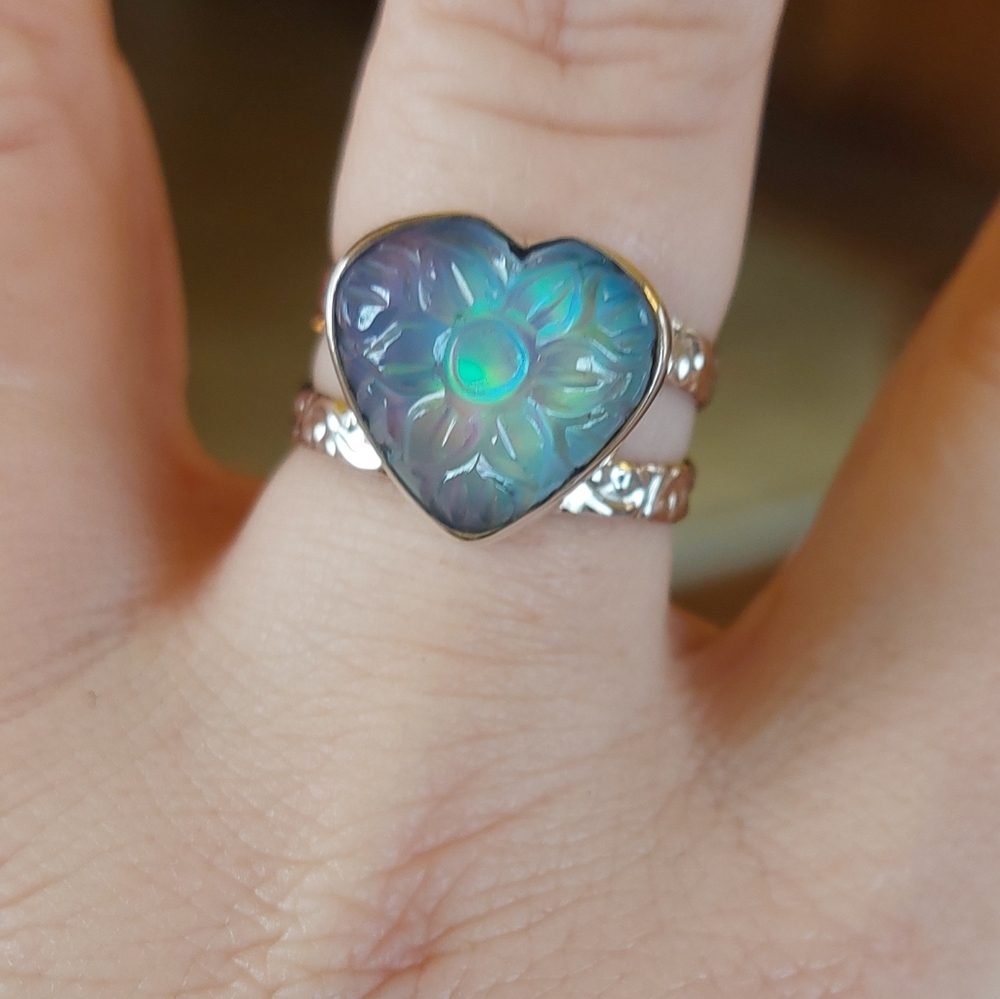 Aurora Opal Carved Heart Shaped Ring Sterling Silver - Picture 2 of 8
